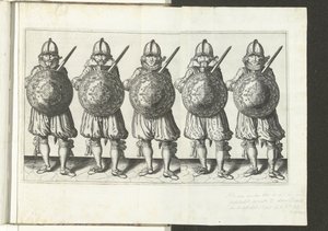 盾与矛的练习：五名士兵并排站立，右手持剑，胸前持盾（编号 32），1618 年
De Nassausche Wapen-Handelinge, van Schilt, Spies, Rappier ende Targe : beyde figuerlick afgebebebeelt 作者 无名氏