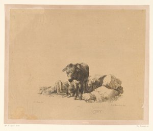 站在一只躺着的狗和一个熟睡的人面前的驴子 Heinrich Xaver Ritter von Hauer 收藏中 Adam von Bartsch 的六幅版画（系列标题） Adam de Bartsch 雕刻的六个阶段 d