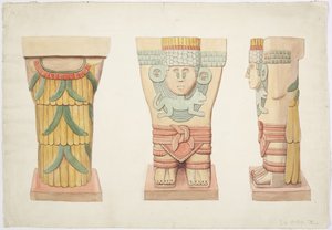 Caryatid II，外室，美洲虎上庙（A庙），墨西哥奇琴伊察（水彩） 作者 阿黛拉·布雷顿（Adela Breton）