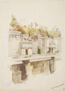 Casa de Monjas，乌斯马尔，墨西哥 废墟上层的绘画（水彩） 作者 阿黛拉·布雷顿（Adela Breton）