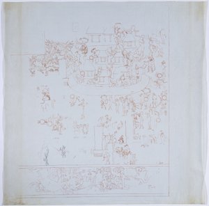 墨西哥奇琴伊察美洲虎上庙西墙的完整壁画副本 西墙内室 用红墨水绘制（红黑墨水和石墨）。