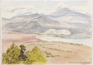 从 Cerro del Calvario 看，纸的一侧是 Patzcuaxo，另一侧是古代堡垒和石丘的景色，Iguatcho 从 Cerro del Calvario，Patzcuaro，米却肯州，墨西哥（水彩）
