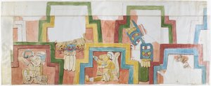 Acanceh 金字塔上寺庙灰泥外墙的水彩复制品 全尺寸 阶梯式框架内的两排人物 图 1-5（水彩） 作者 阿黛拉·布雷顿（Adela Breton）