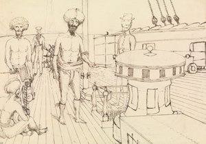 Seru [Seru Epenisa Cakobau (Thakombau)]，在船上，和 Masomalua (在帽子里)，1849 年 10 月 [斐济]