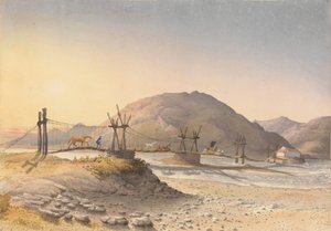 1851 年 1 月 11 日，智利圣地亚哥以南五里格梅普河上的皮条吊桥（但用链条修复）