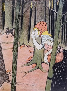 小红帽看到森林里的狼，来自Jugend的插图出版于Muenchen 1896年 作者 阿道夫·霍弗（Adolf Hofer）