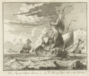 鲱鱼管启航回家，约 1725 年 Den Buysch Seyld Binnen / 鲱鱼巴士驶入巴尔布（物体上的标题） 格鲁特·维塞里（系列名）