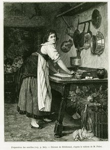 面条准备。希尔德布兰的雕刻作品，为1887年德国人查尔斯-格拉德在爱德华-沙尔东（1807-1890）指导的世界之旅中的故事《穿越阿尔萨斯和洛林》作插图，巴黎哈谢特出版社。 作者 阿道夫·冯·希尔德布兰德