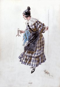 贾科莫·普契尼（Giacomo Puccini，1858-1924）为歌剧《波西米亚人》（La Boheme）制作的咪咪角色服装。 阿道夫·霍恩斯坦 (Adolfo Hohenstein) 的水彩画。