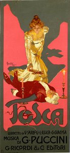 贾科莫·普契尼 (Giacomo Puccini，1858-1924) 1906 年为歌剧《托斯卡》(La Tosca) 创作的自由风格海报。 Adolfo Hohenstein (1854-1928) 米兰私人收藏的 30x13,5 厘米插图