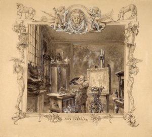 他的工作室，1890年（笔和纸上的墨水） 作者 阿道夫门泽尔
