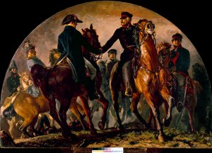 Gebhard Leberecht von Blucher (1742-1819) 和 Arthur Wellesley Wellington (1769-1852) 在 La Belle Alliance 之战 (1815) 中会面。 阿道夫·门泽尔 (Adolf Menzel) (1815-1905) 的绘画 全部 作者 阿道夫门泽尔