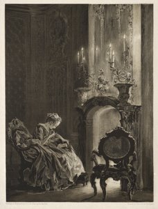用刷子和刮刀在石头上作文：女人在炉边读书，1851年。 作者 阿道夫门泽尔