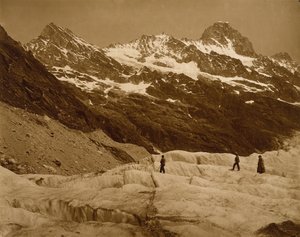 高山景观，冰川上的三个徒步旅行者，1860年代（碳排版） 作者 阿道夫·布劳恩（Adolphe Braun）