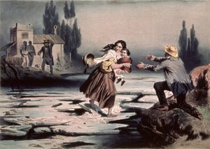 伊丽莎（Eliza）穿越俄亥俄河的浮冰，走向自由，插图出自哈里埃特·比彻·斯托（Harriet Beecher Stowe）的《汤姆叔叔的小屋》，查尔斯·布尔（Charles Bour）（1814-81）雕刻（平版印刷）（另请参见90903） 作者 阿道夫·让·巴蒂斯特（Adolphe Jean-Baptiste）