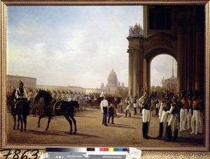 圣彼得堡皇宫广场上的阅兵式。阿道夫-拉杜纳（1798-1856 年）的画作，布面油画