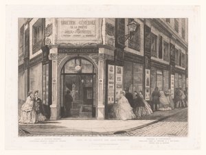 Cadart 和 Luquet 商店的景观，商店橱窗前有女士们先生们 Siège de la Society des Aqua-fortistes（物体上的标题） Eaux-Fortes Modernes: Originales et Inédites（系列名称）