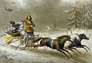 雪中的雪橇，俄罗斯（彩色雕刻） 作者 阿道夫·鲁阿格（Adolphe Rouargue）