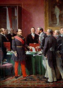 拿破仑三世（1808-1873）皇帝于1859年6月将吞并邻近城市的法令移交给乔治·豪斯曼男爵（1809-1891）