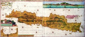 Insulae lavae，一张大型爪哇折叠地图，有两个插图，均描绘了巴达维亚（雅加达）荷兰人的景色，由阿姆斯特丹 Gerard van Keulen 出版，约 1715 年（彩色雕刻） 作者 阿德里安·雷兰德