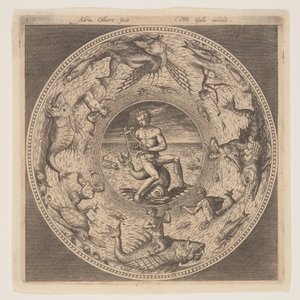 海豚上的阿里翁，周围有海兽装饰的边框，选自一套盘子设计（Fonds de Coupe） 作者 阿德里亚恩·科拉特