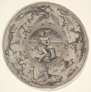 1580-1600年，海豚在由海生物装饰的边界所包围的海豚上，从一组...，1580-1600。 作者 阿德里亚恩·科拉特