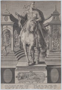 图版1：朱利叶斯-凯撒的马术雕像，从正面看，有一个......的场景，约1587-89。