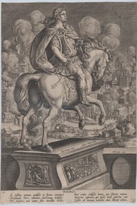 板块6：尼禄的马术雕像，从后面看，罗马大火在......，约1587-89。 作者 阿德里亚恩·科拉特