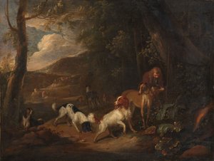 猎人与猎犬在树林边缘 作者 Adriaen Cornelisz Beeldemaker