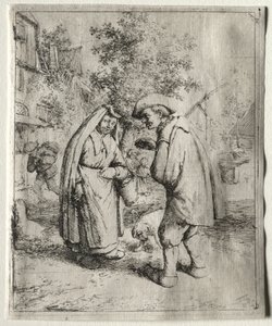 男人和一个女人交谈。 作者 阿德里亚恩·扬斯（Adriaen Jansz）。范·奥斯塔德