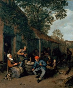 小酒馆外面的农民吸烟和宴餐，1676年 作者 阿德里亚恩·扬斯（Adriaen Jansz）。范·奥斯塔德
