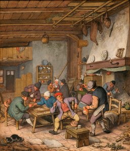 一个客栈的房间里，农民在喝酒、抽烟和玩西洋双陆棋 - Adriaen Jansz van Ostade（1610-1685 年）的作品 纸上铅笔、粉笔和水彩画 作者 阿德里亚恩·扬斯（Adriaen Jansz）。范·奥斯塔德