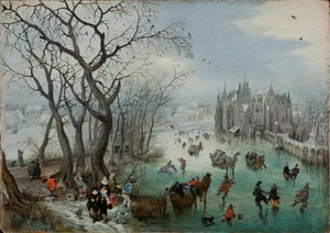 与城堡附近的溜冰者的冬天风景，1615