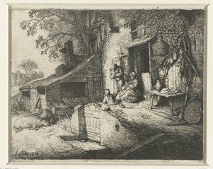 在房子前面旋转的女人 门口咕噜咕噜叫的女人 作者 Adriaen van Ostade（艺术家签名）