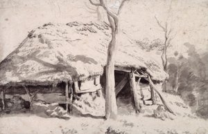 森林中的羊圈（粉笔和水洗） 作者 阿德里亚恩·范·德·韦尔德