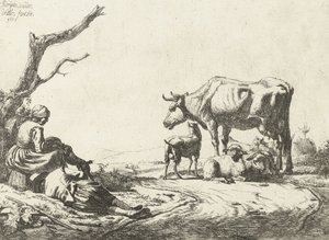 牧羊人和牧羊女与牛，1653年 作者 阿德里亚恩·范·德·韦尔德