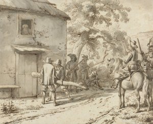 士兵强行打开一扇门，1669年（钢笔和墨水画） 作者 阿德里亚恩·范·德·韦尔德