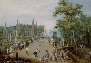 在宫殿前面的Jeu de Paume游戏。约于1614年