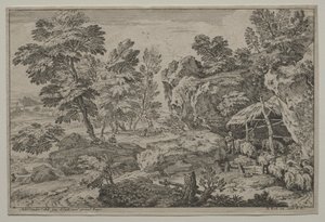 牧羊人和两群羊的风景画 作者 尼古拉斯·罗伯特