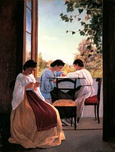 阿德里亚诺·切西奥尼 (Adriano Cecioni)（1836-1886）的刺绣者，布面油画，52x41 厘米细节