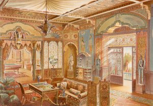 亚述风格的游戏室，插图来自《La Decoration Interieure》，出版于 1893-94 年（彩色平版印刷） 作者 阿德里安（后）西蒙尼顿
