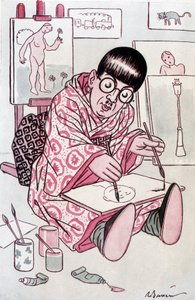 漫画中的藤田嗣治，受洗时叫Leonard Foujita，日本裔法国画家（1886-1968）。巴雷尔于1927年4月1日在《Fantasio》杂志上画的。