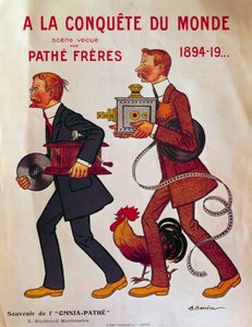 关于Pathe兄弟的海报。"A la conquete du monde" 查尔斯-帕特和他的兄弟埃米尔穿着留声机和投影仪。阿德里安-巴雷尔（1877-1931）的插图 20世纪巴黎，兵工厂图书馆