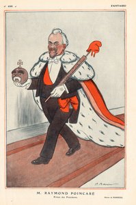 法兰西共和国总统雷蒙-普恩萨雷（1860-1934）总统的王子（国王的漫画），他持有共和国的象征（其中有一个带弗里吉亚帽的骑士梁）--在1913年2月1日的《幻想》中--插图 作者 Adrien Barrere
