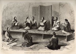 江户（今东京）的一个战争委员会，在明治维新（1868 年）之前，召集了太公（世俗权力的首领）的官员，以应对 daimios（或 daimyos：日本贵族）的起义，雕刻 在 A.Marie 之后 作者 艾德里安·伊曼纽尔·玛丽