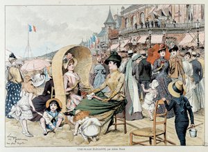 优雅的海滩。迷人的女士们带着孩子们在法国的一个海滩上娱乐的人群中。 Adrien Marie雕刻 作者 艾德里安·伊曼纽尔·玛丽