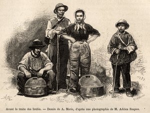 Before the sheep trade, all the staff of the farm were employed on this spot, boy, servant, under the supervision of the shepherd, milk was collected in the seilles (metal vase etame), engraving after a drawing by A.Marie, illustrating a journey to Roquefo 作者 艾德里安·伊曼纽尔·玛丽