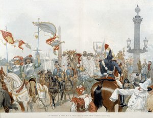 巴黎的狂欢节：烤牛肉--阿德里安-玛丽的水彩画 作者 Adrien Emmanuel Marie