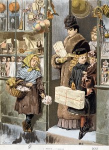 在富人出来的玩具店出口处卖小花束的可怜女孩（圣诞节购物？） - Adrien Marie 作画 作者 艾德里安·伊曼纽尔·玛丽