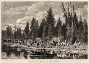 沿亨利河前往海登山的整个地理任务，以 A.Marie 的画作雕刻，说明了 1870 年至 1872 年间由海登、多恩和兰福德先生在美国国家公园进行的一系列地理任务，pu 作者 艾德里安·伊曼纽尔·玛丽